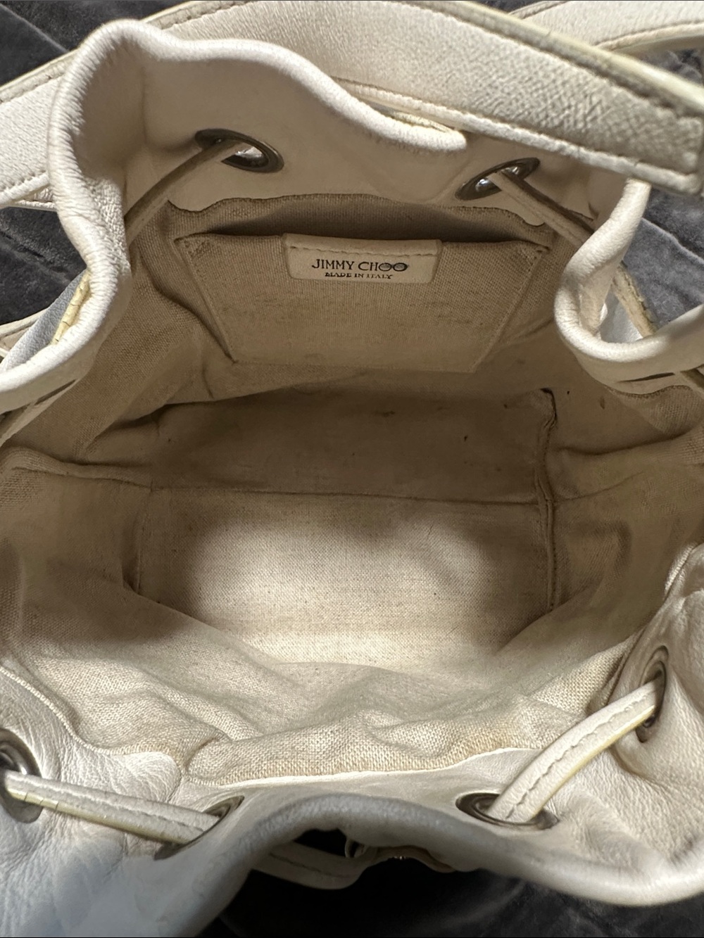 Jimmy Choo Cream Leather Drawstring Bucket Backpack - Picture 6 of 6